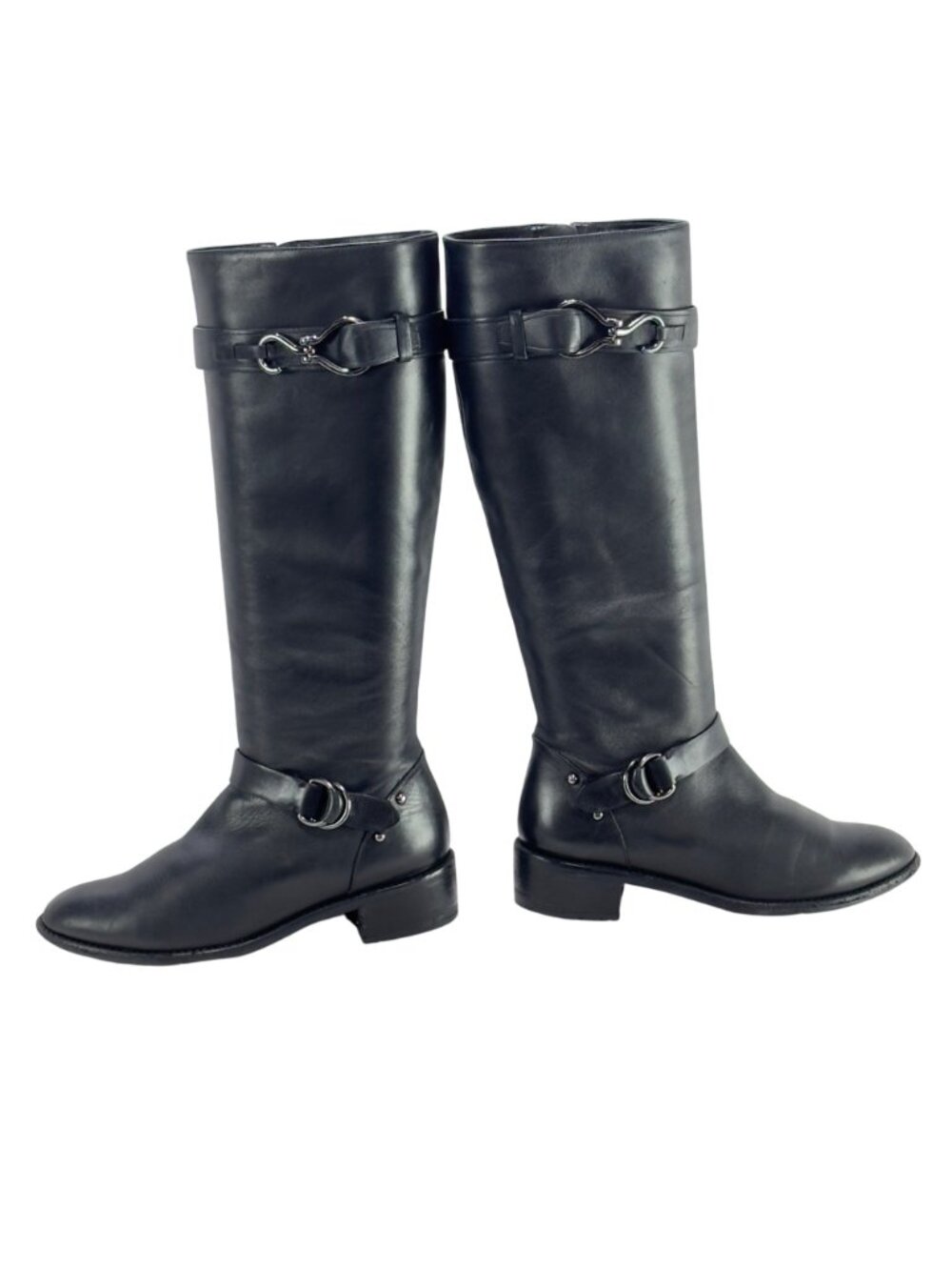 COLE HAAN Women's Black Leather Knee-High Riding Boots Buckle Detailing Size 7B - Picture 3 of 13